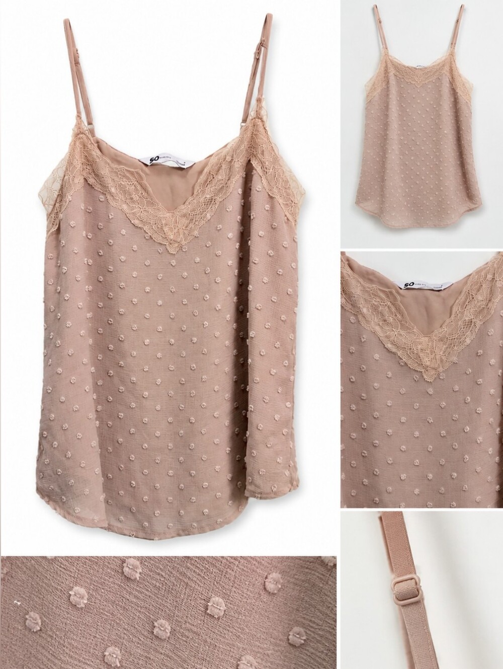 SO Goods for Life Blush Pink Swiss Dot Lace Trim Cami Tank Top Size Small